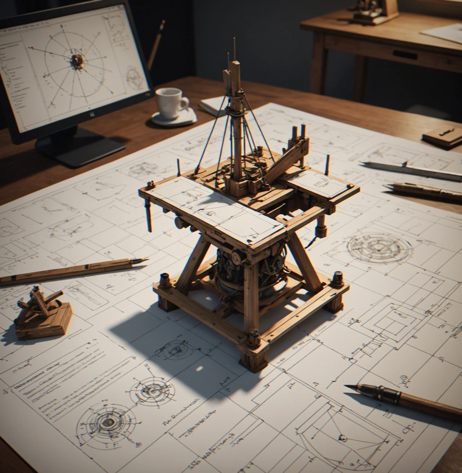 Desk covered with physics notes, weapon trajectory Sketches drawn by hand, and level design sheets, with a monitor showing trajectory simulations