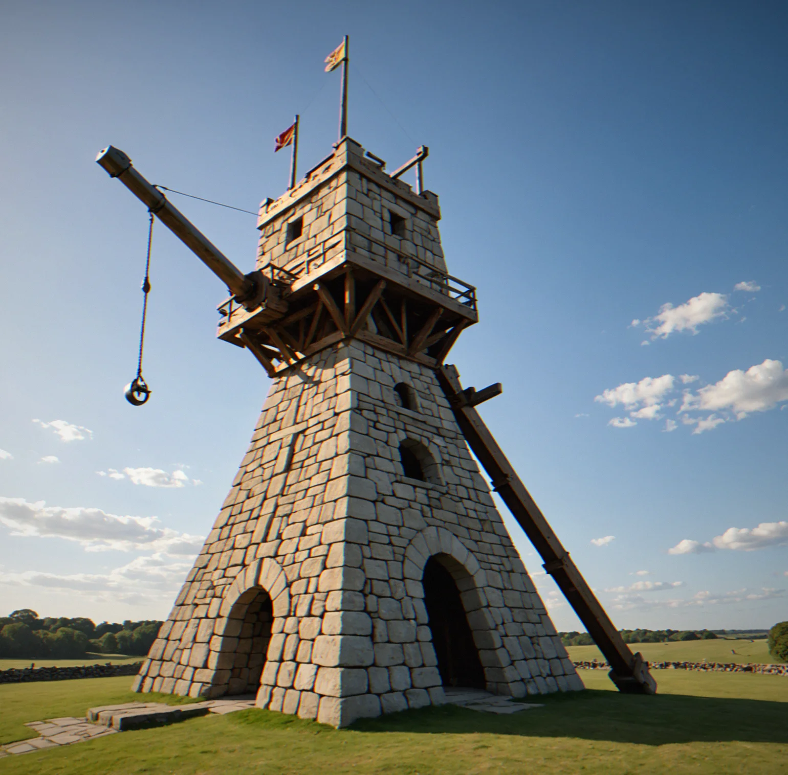 Trebuchet sitting on a stone platform with the counterweight pulled back. The operator is adjusting the aim while dark clouds roll overhead.