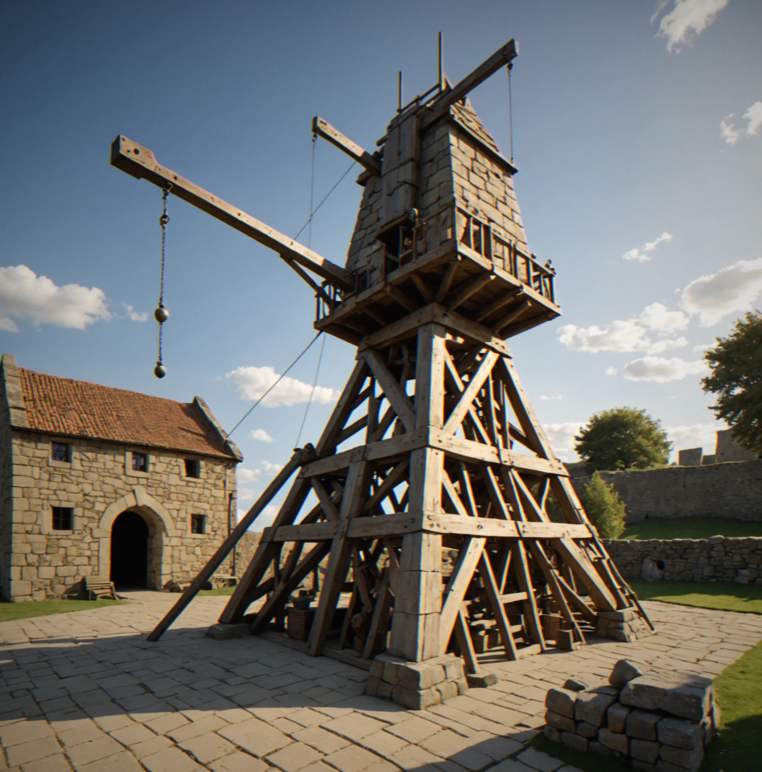 Ballista mounted on wood with the rope mechanism fully drawn and ready. The sights are lined up at several target structures spread across the valley.