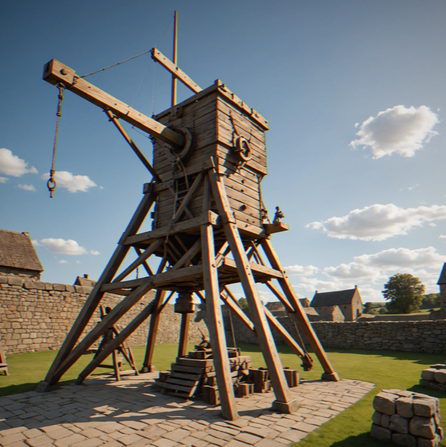Stone projectile arcing through the air. You can see the wind pushing it slightly off course as it heads toward the fortress tower and palisades below.