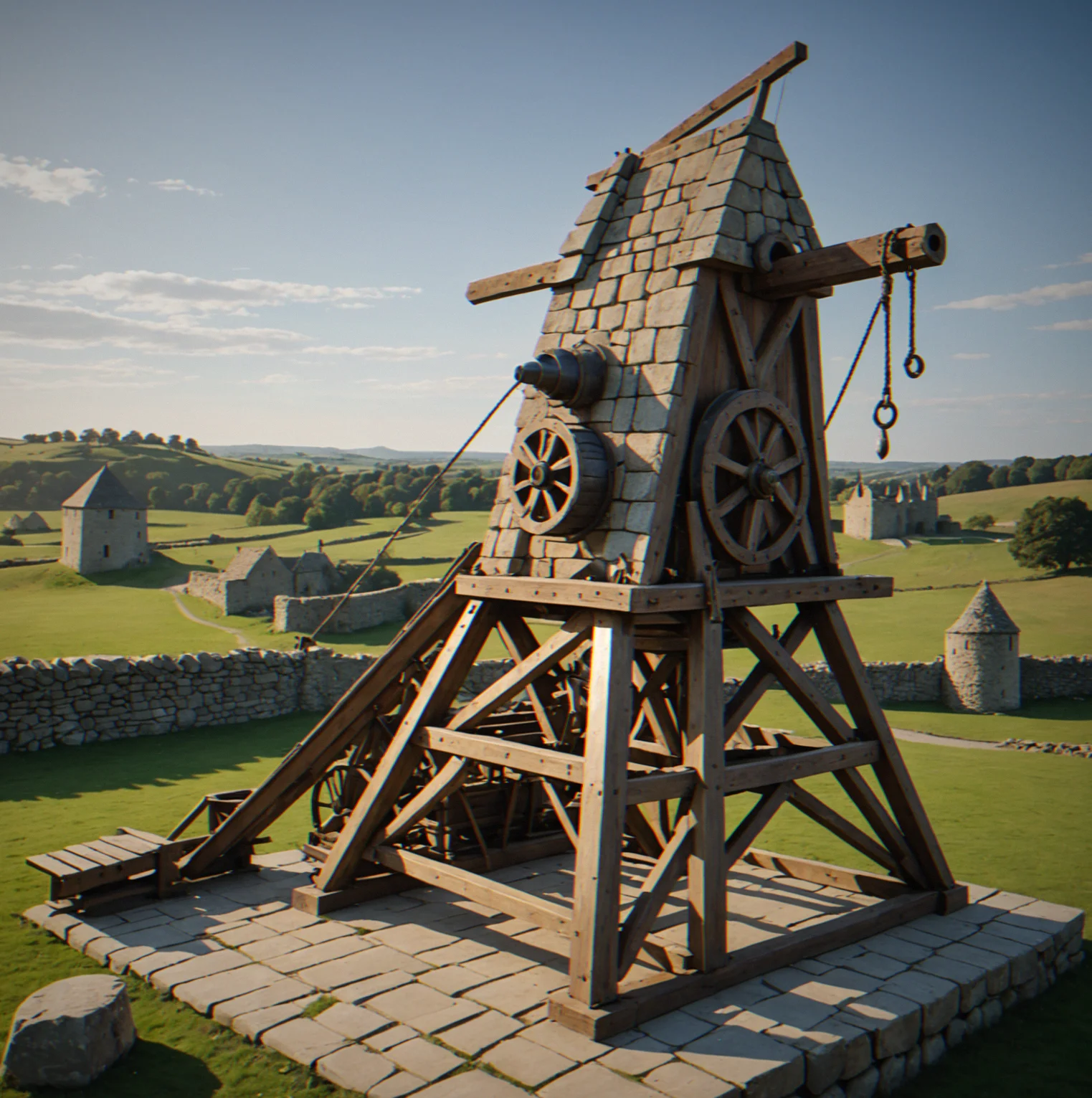 Catapult with the spring set to a steep angle. The operator is making small adjustments to the targeting controls on the interface.