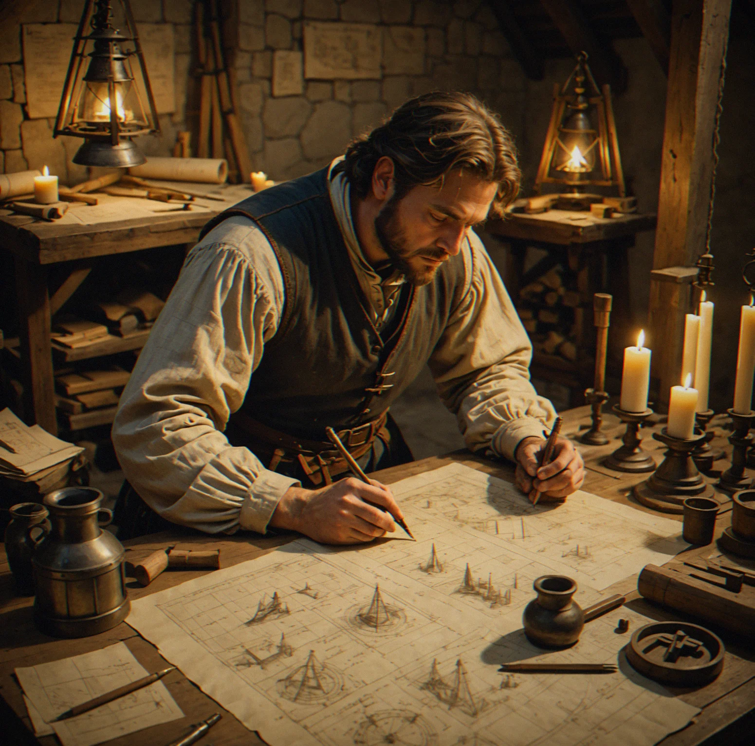 Medieval engineer sketching siege weapon blueprints on parchment, surrounded by rolled plans and calculation instruments, candlelight illuminating the workspace