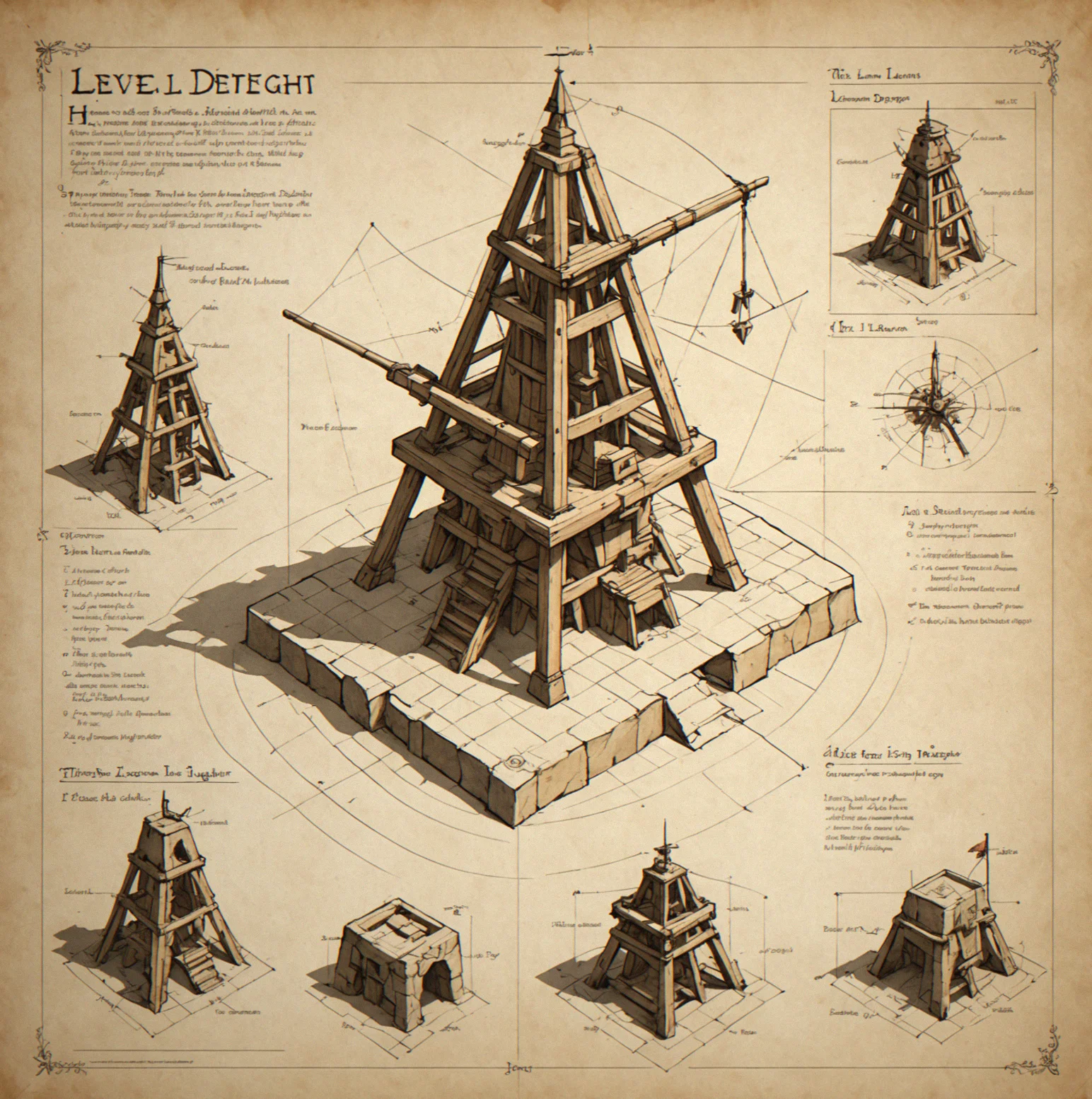 Hand-sketched level design blueprint showing weapon placement, target architecture, terrain elevation contours, and wind direction indicators on parchment paper