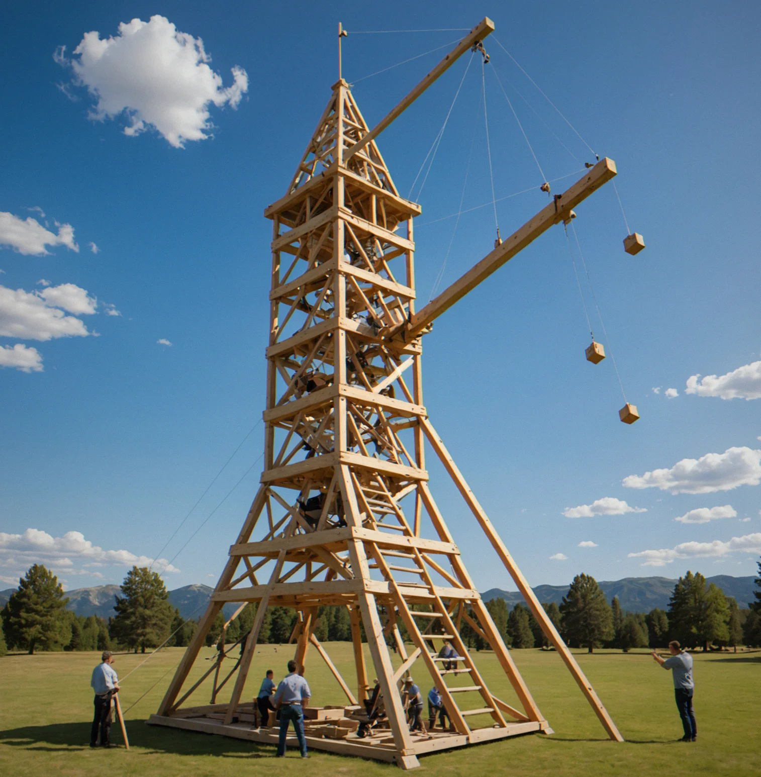 Physics study diagram displaying multiple solution paths for single puzzle—trebuchet arc at 32 degrees, ballista at 45 degrees, catapult at 28 degrees—all reaching same target successfully
