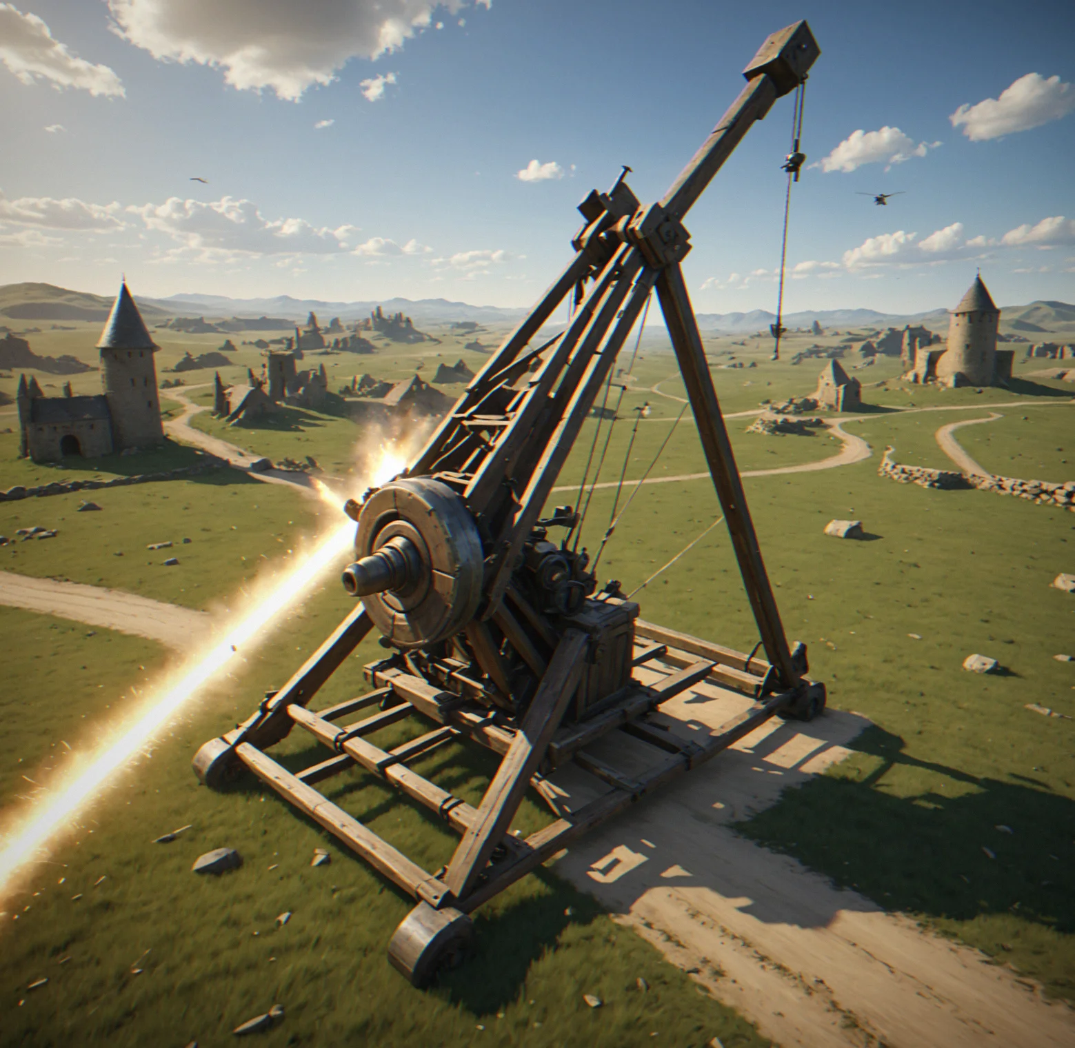 Ballista bolt cutting across open ground mid-flight, debug view shows the trajectory line barely dropping over roughly 80 meters