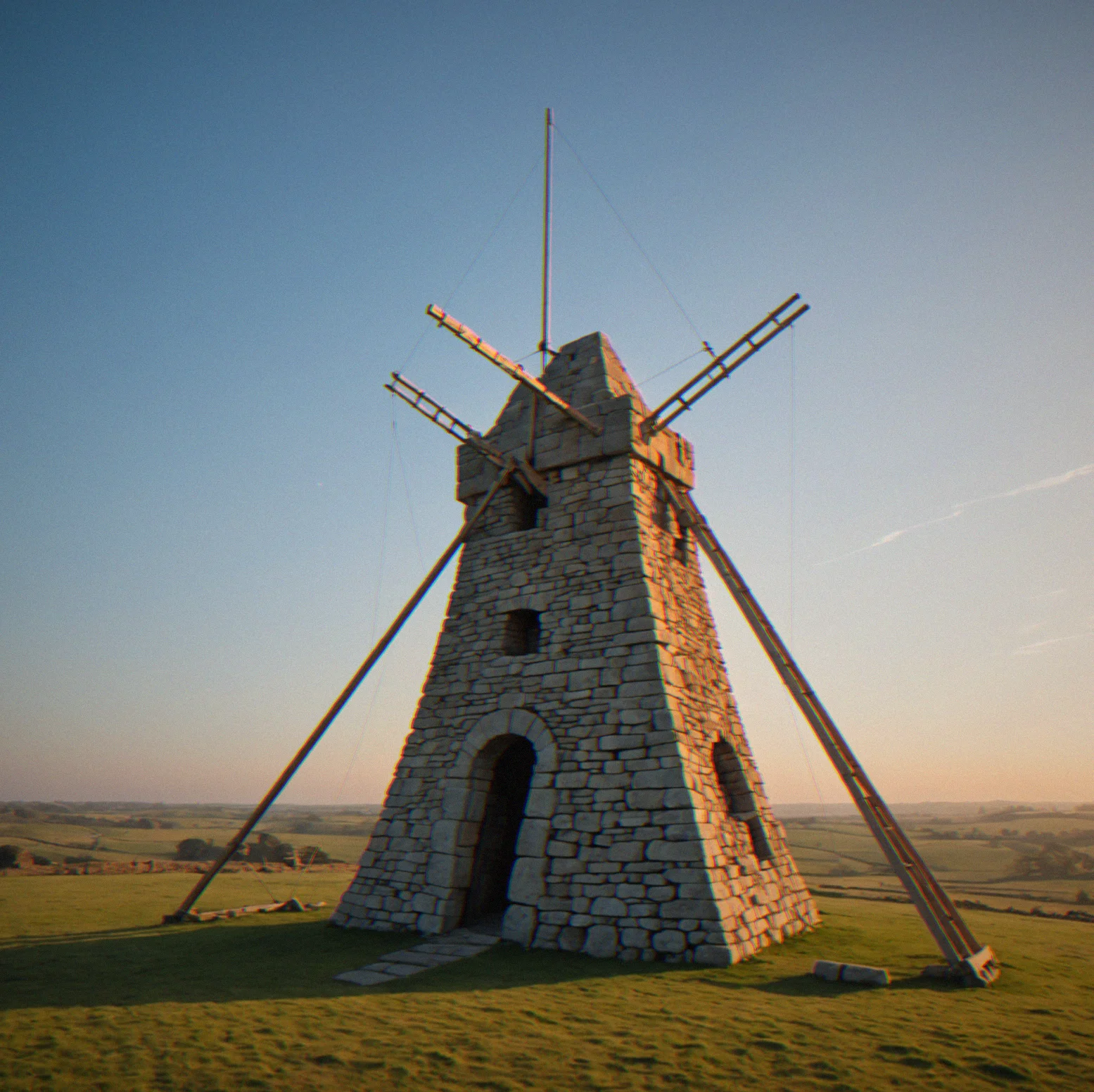 Catapult angled up at 28 degrees with a targeting reticle pointed at a distant stone tower, wind gauge reading a light crosswind