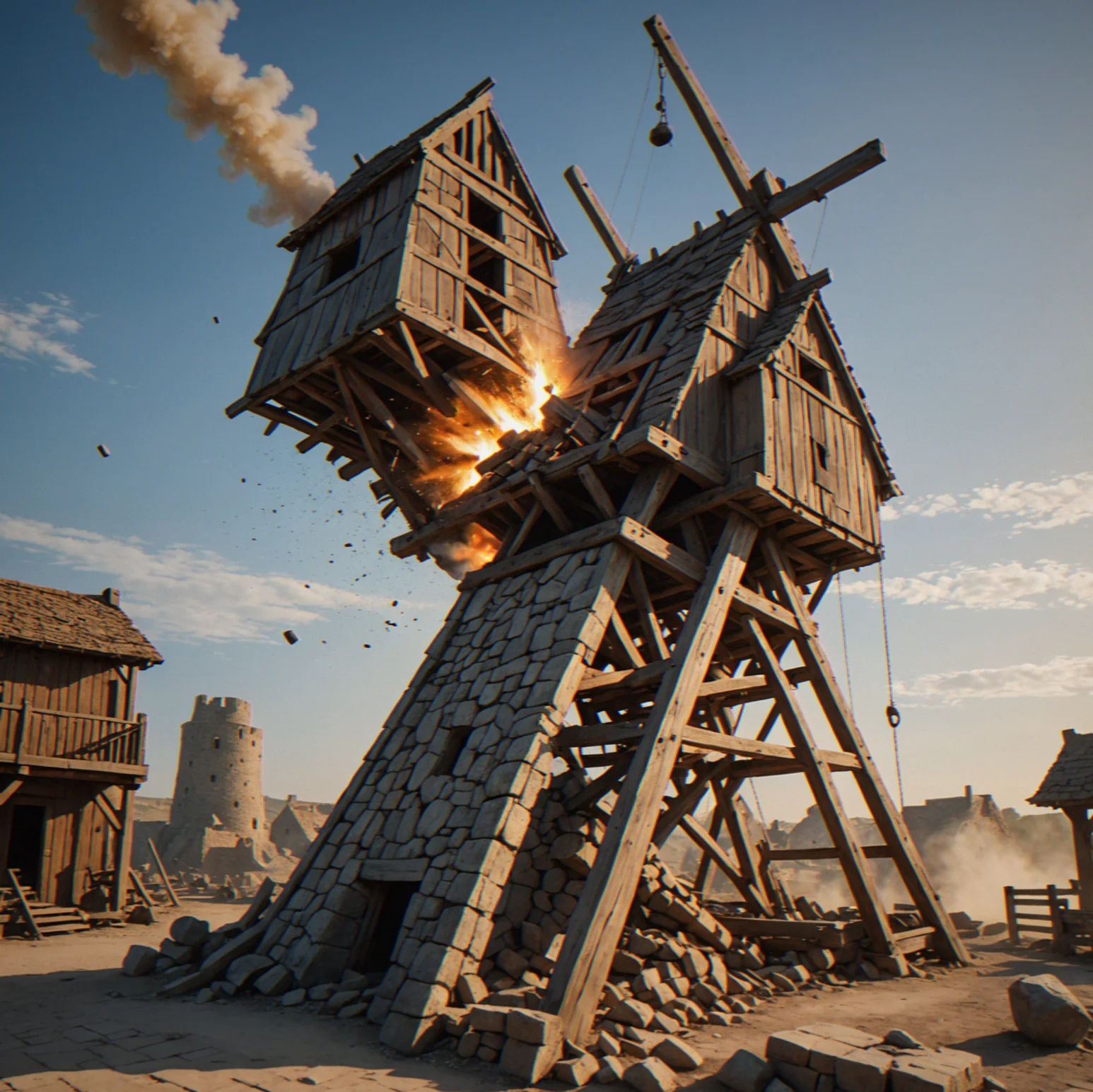 A stone hits a wooden structure and it's coming apart, splinters flying and dust everywhere, the parts still standing are highlighted to show what's left