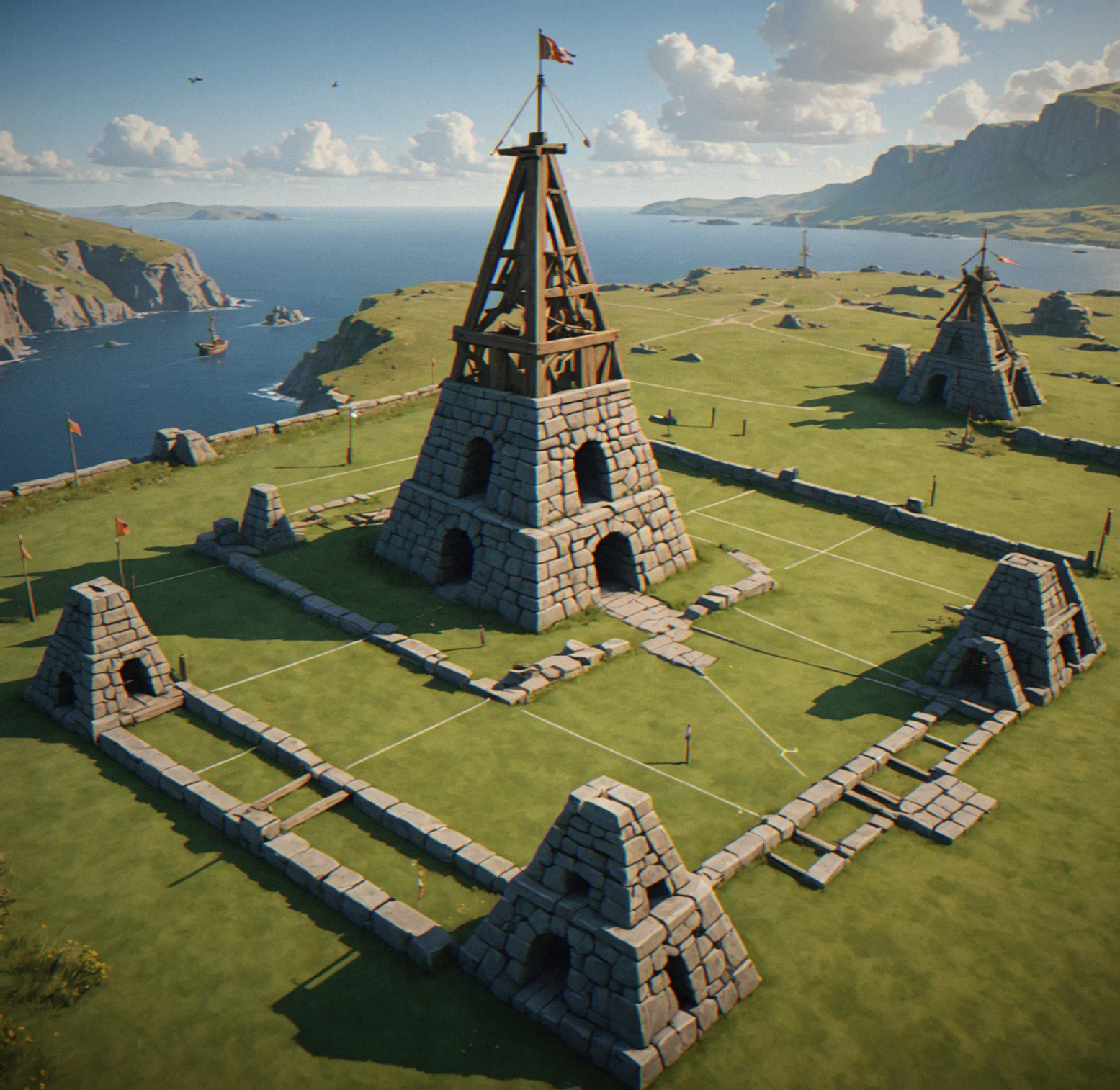 Level layout showing three targets spread out at different distances from each other, weapon placement options marked out and stone weights labeled for each one