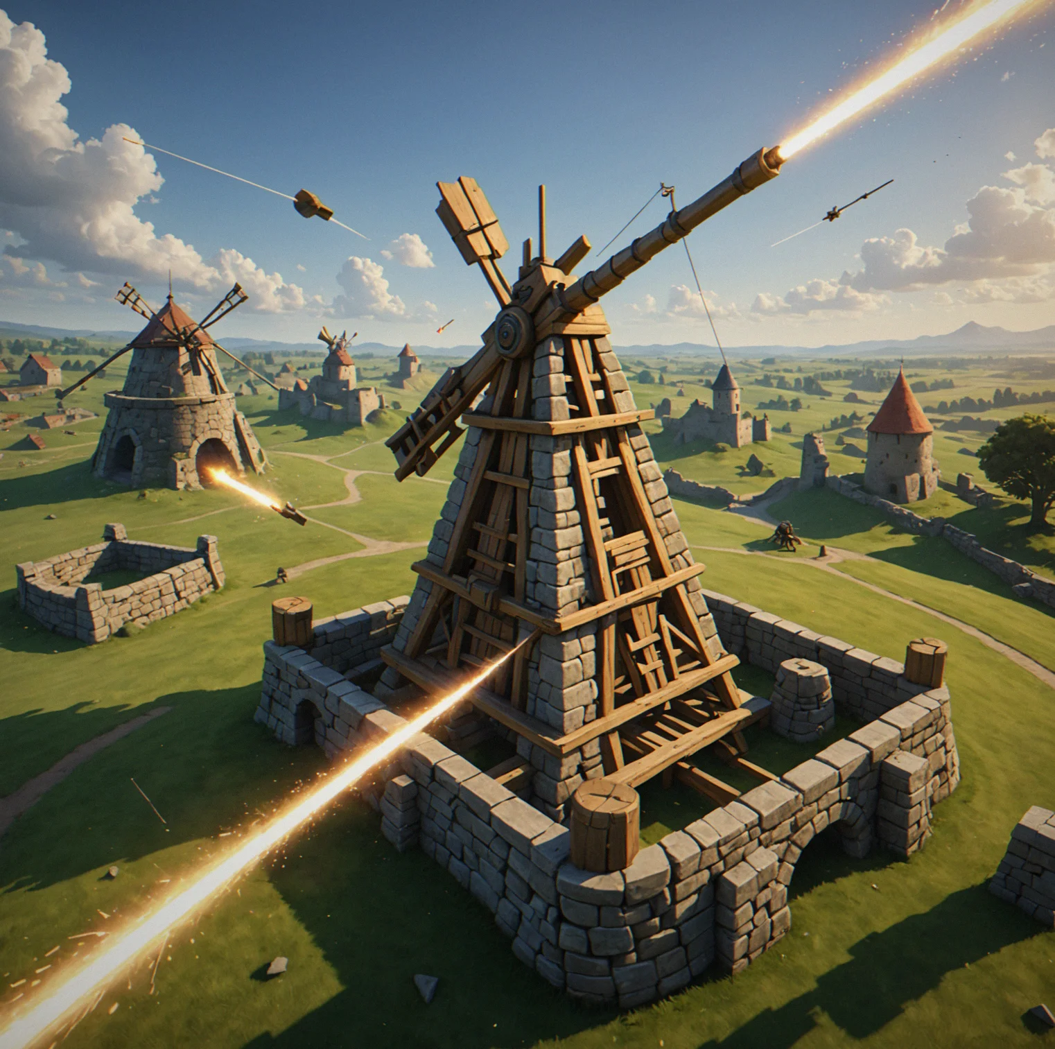 One level with three different colored arcs drawn on top, each one showing a different way to hit the same target using different weapons and angles