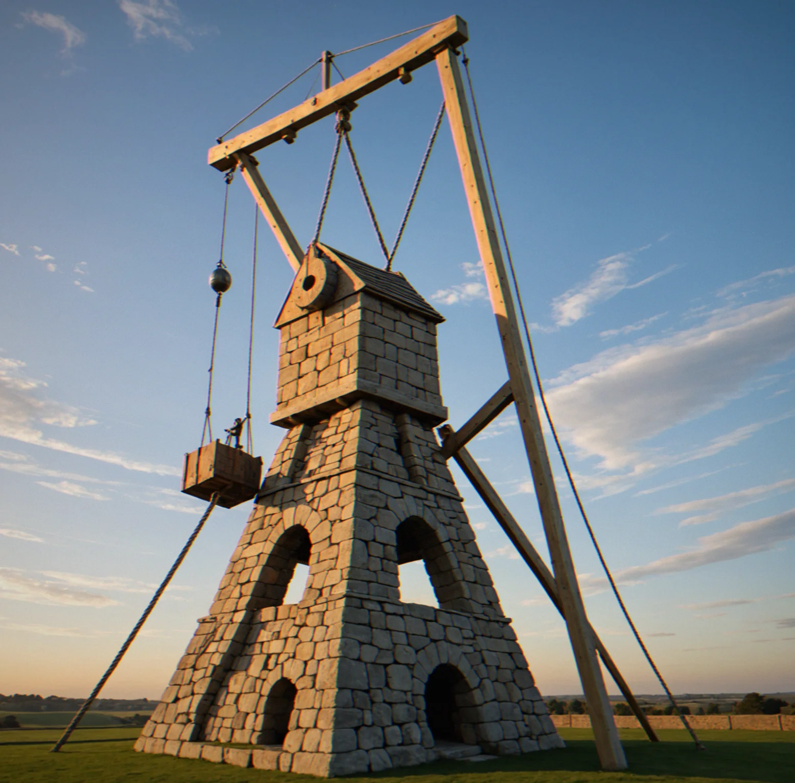 Trebuchet with its counterweight pulled all the way up, stone sitting ready in the launch cup, ropes pulled tight just before firing