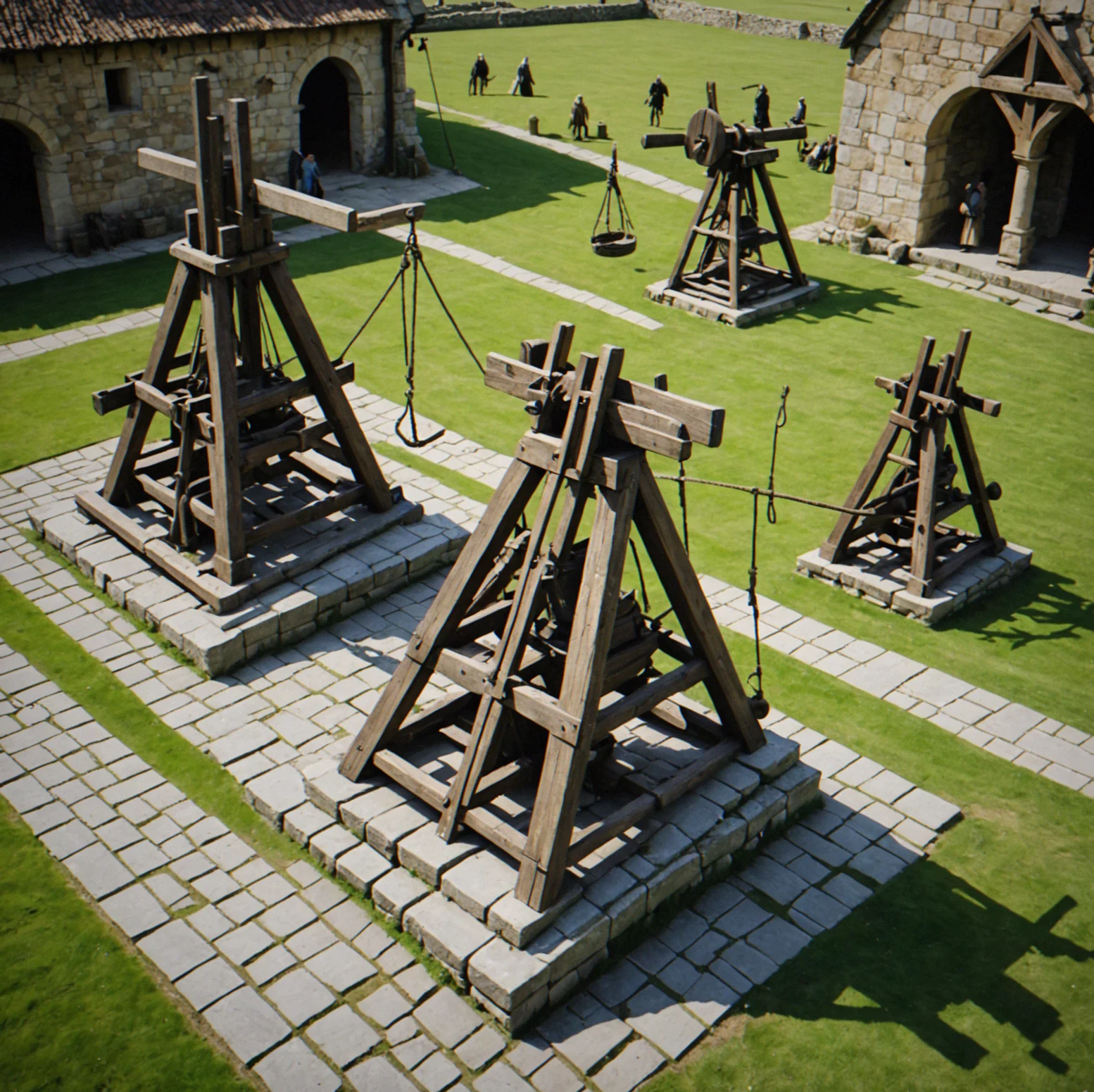 Three medieval siege weapons in a row: a timber trebuchet on the left with a hanging weight, a ballista in the middle with rope tension, and a spring catapult on the right. All sit on stone platforms facing distant structures.