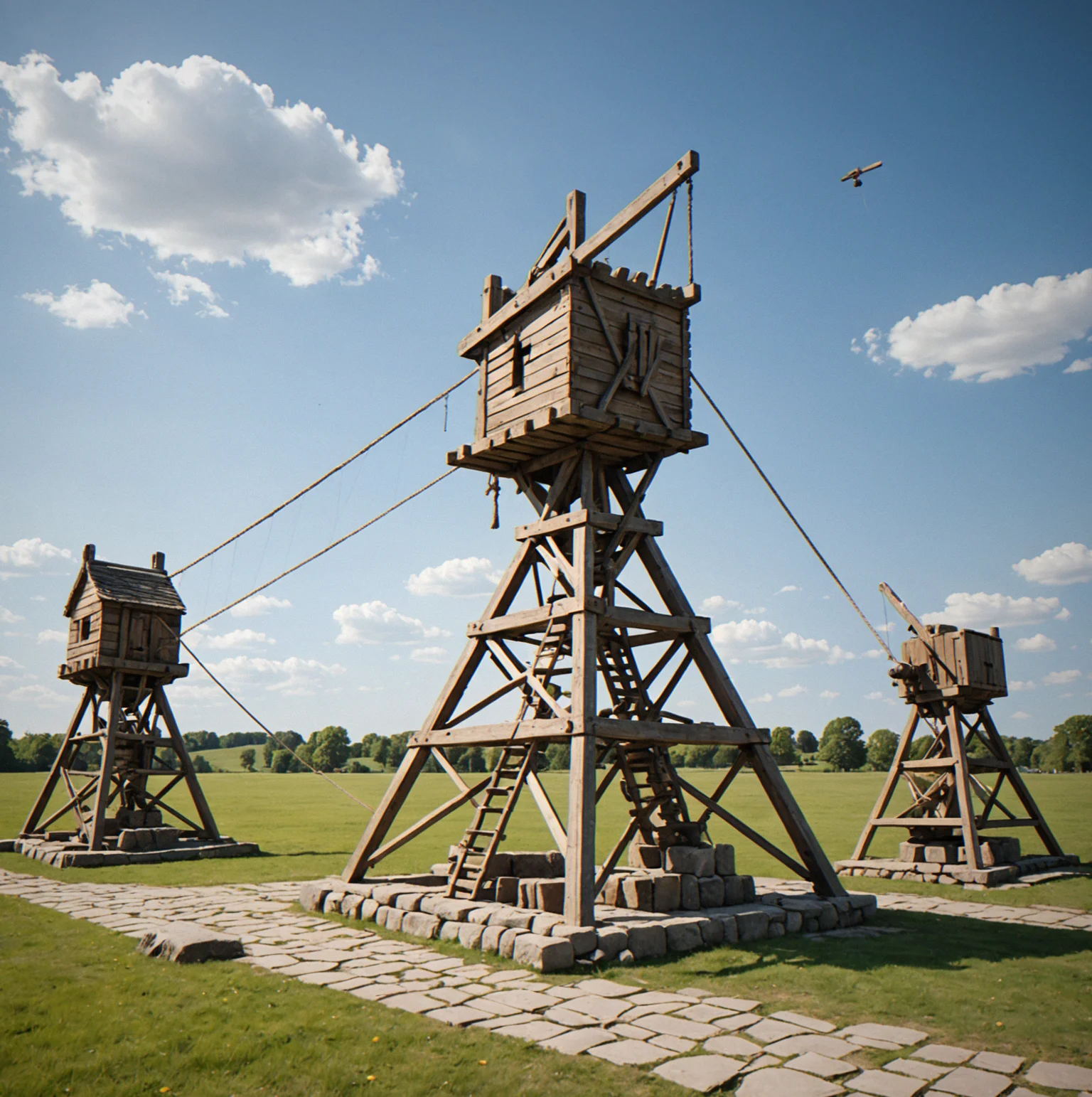 Three siege weapons on raised stone platforms facing distant targets: a wooden trebuchet with a hanging counterweight on the left, a ballista with rope tension in the middle, and a spring-loaded catapult on the right, spread across uneven ground