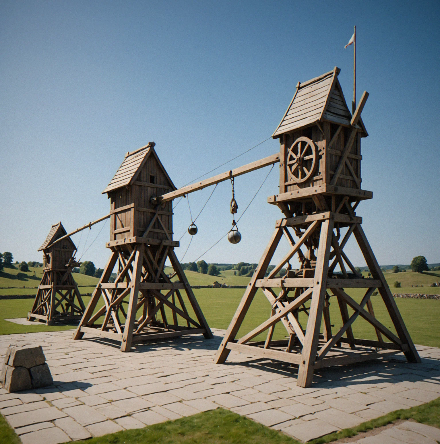 Three siege weapons on a stone platform: timber-frame trebuchet on the left, mounted ballista in the middle, catapult on the right, with target structures visible across the distance