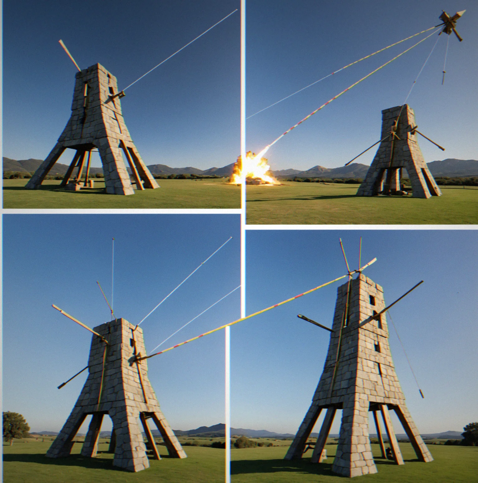 Diagram showing three different projectile trajectories from a single weapon position, each solving the same puzzle through different angle and force calculations