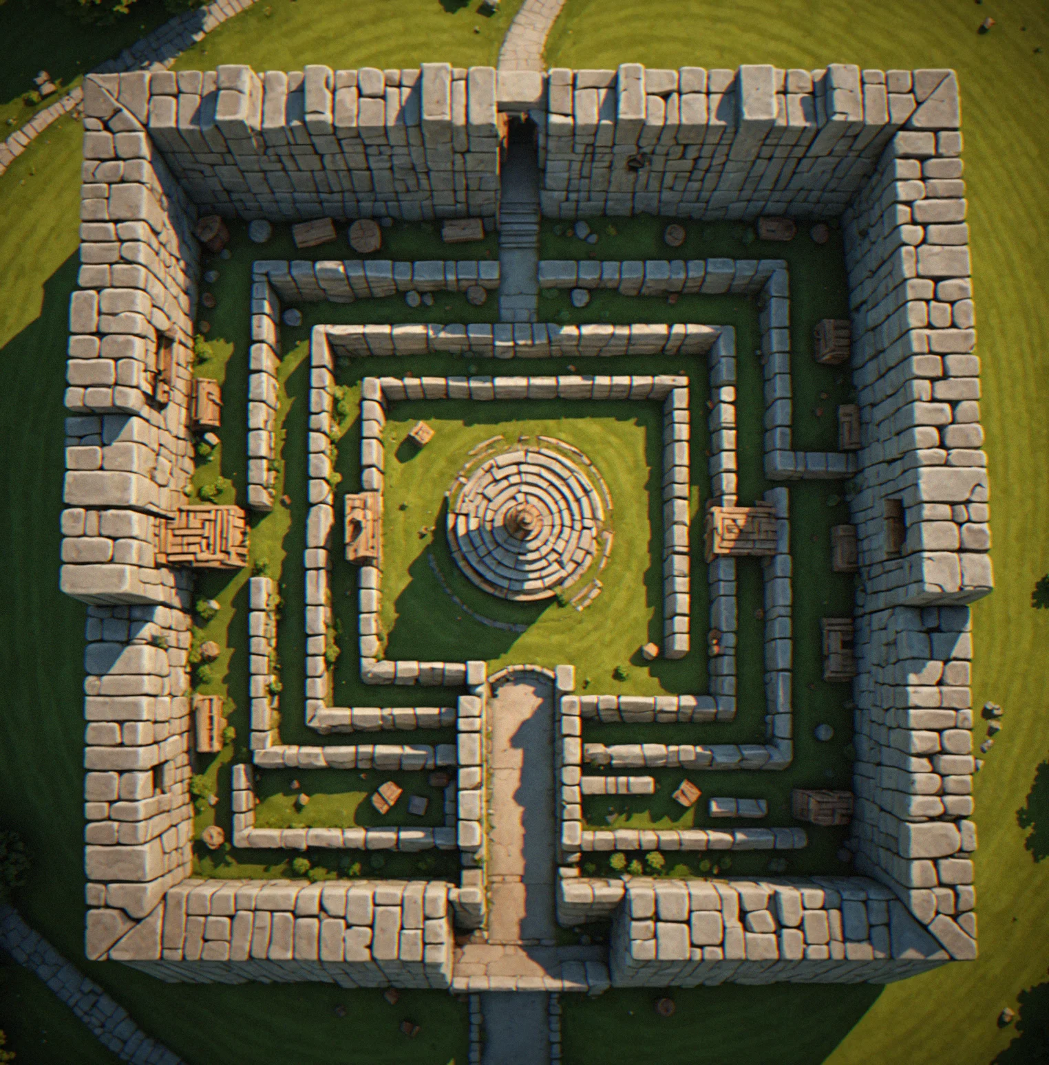 Top-down view of a level with stone walls creating a maze-like path, with target structures positioned at varying distances and heights