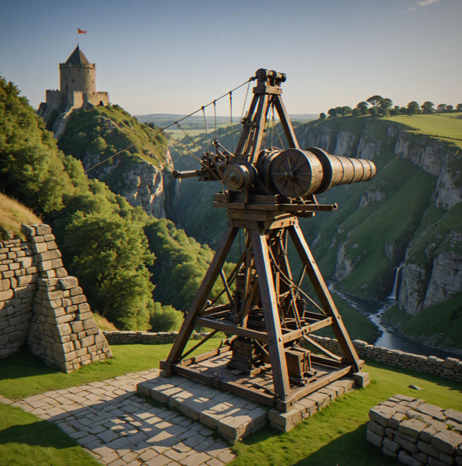 Mounted ballista with twin rope tension mechanisms visible, aimed at a distant stone target across a ravine