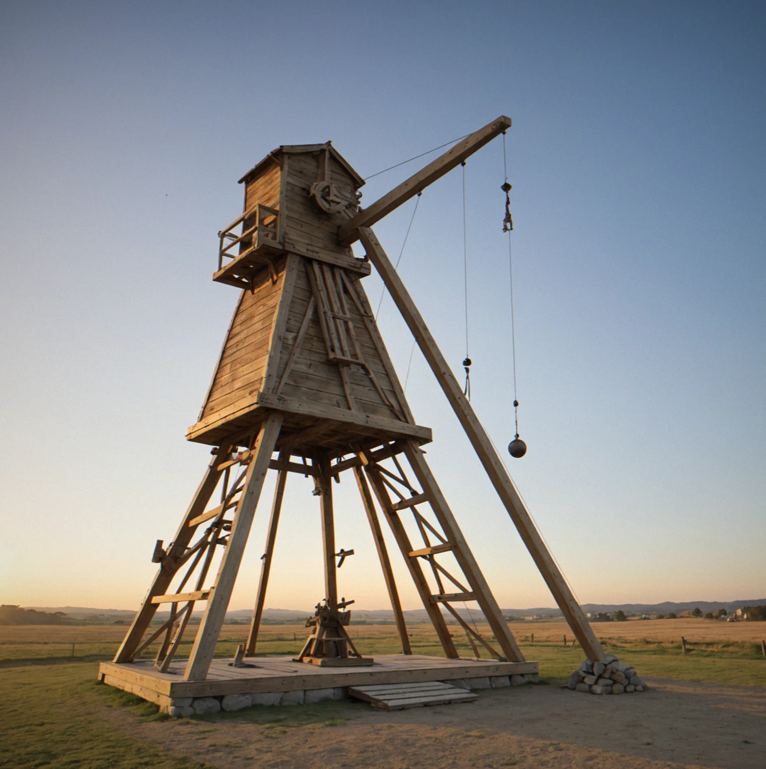 Trebuchet with wooden counterweight frame elevated, showing the pivot point and load arm extended at a 45-degree launch angle
